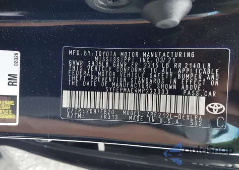 2021 Toyota Corolla Le z USA, uszkodzony, nr VIN 5YFEPMAE4MP232003